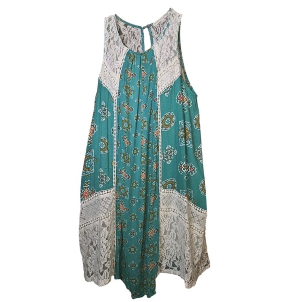 Hint Of Mint Women's Large‎ Teal & Cream Boho Sun SL Dress Lace Over Lined Dress